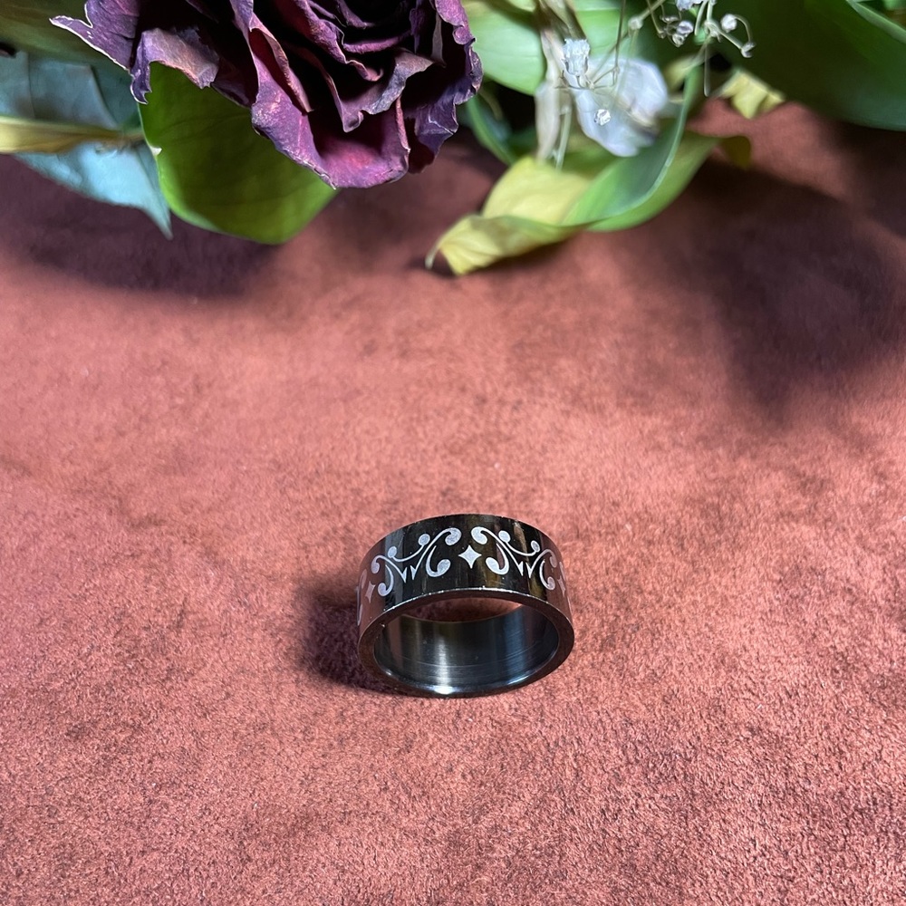 Tribal Black stainless steel Ring Size 9 With silver tribal markings
